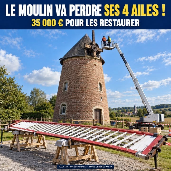 Un moulin en brique avec des ouvriers sur une grue, et une structure d'ailes démontées posée sur des échafaudages en bois.