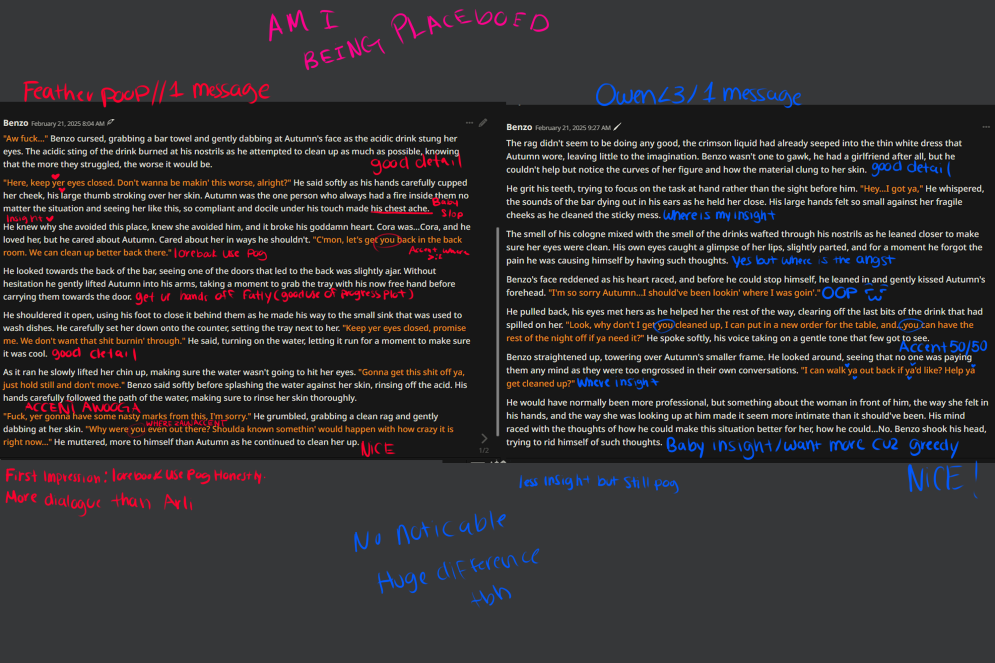 An image comparing the outputs of a model during roleplay between two providers - Featherless, and ArliAI