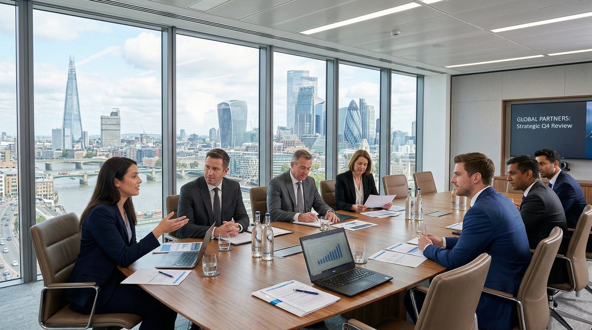 Corporate boardroom with London skyline — Hanlon consulting services