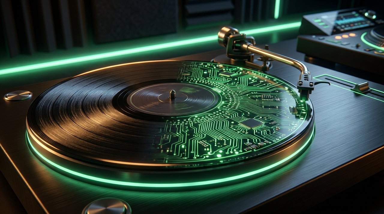 A vinyl record transitioning from analog grooves into a glowing circuit pattern
