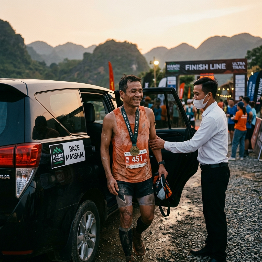Runner mệt mỏi sau giải ultra trail được lái hộ xe về nhà