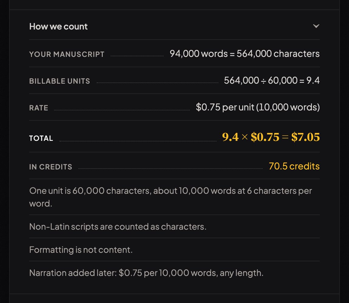The receipt behind the price: characters, units, rate and total.