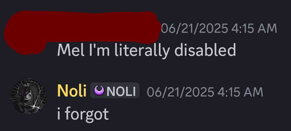 mel completely forgetting that chem is disabled, to the point where he had to remind her. we would have excused her for this, as she is a system, if she didn't consistently get reminders of it. chem had told her numerous times that he has a cane, that he had to use wheelchairs and walkers to move around, even saying that his mom is his caretaker during a talk about a meeting plan.