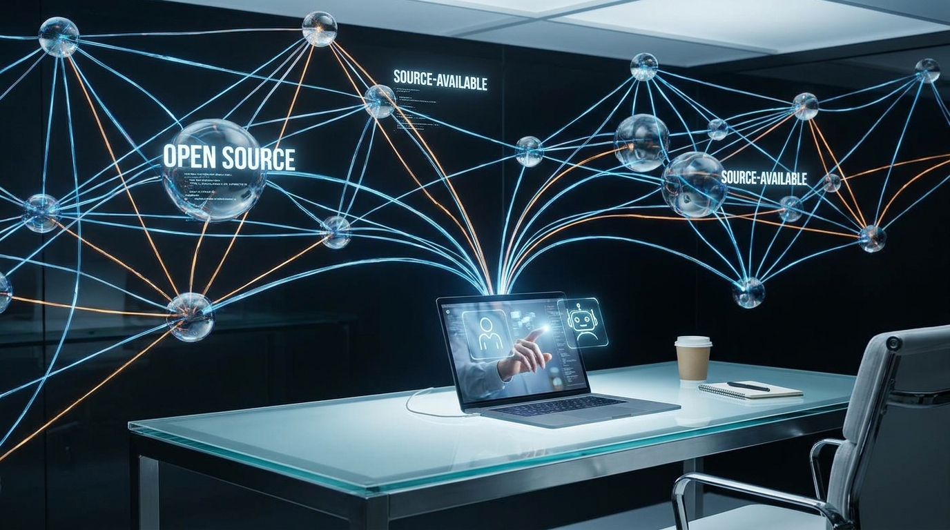 An illustration of various open-source AI agents connecting to a central workspace, showing code snippets and human-AI interaction.