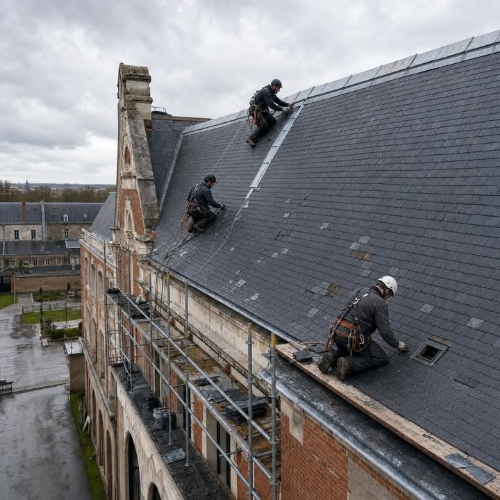 Trois ouvriers en harnais travaillent sur la pente d'un toit en ardoise grise, avec des échafaudages le long du bâtiment en brique.