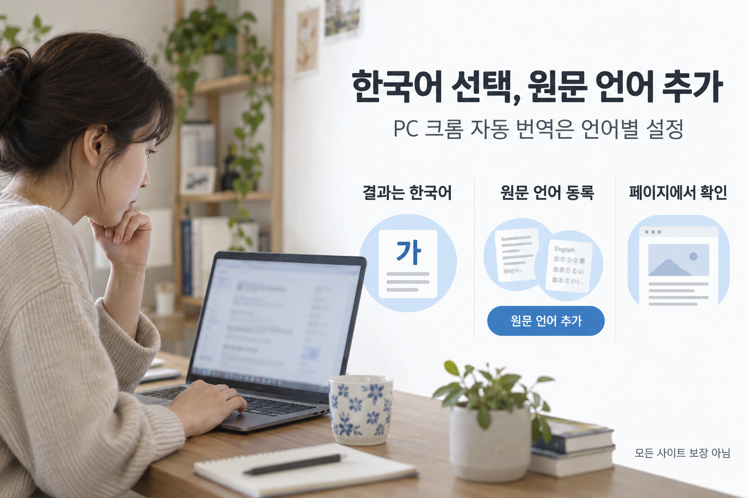 한국어 결과 언어 선택과 원문 언어별 자동 번역 등록을 구분하는 PC 사용 장면