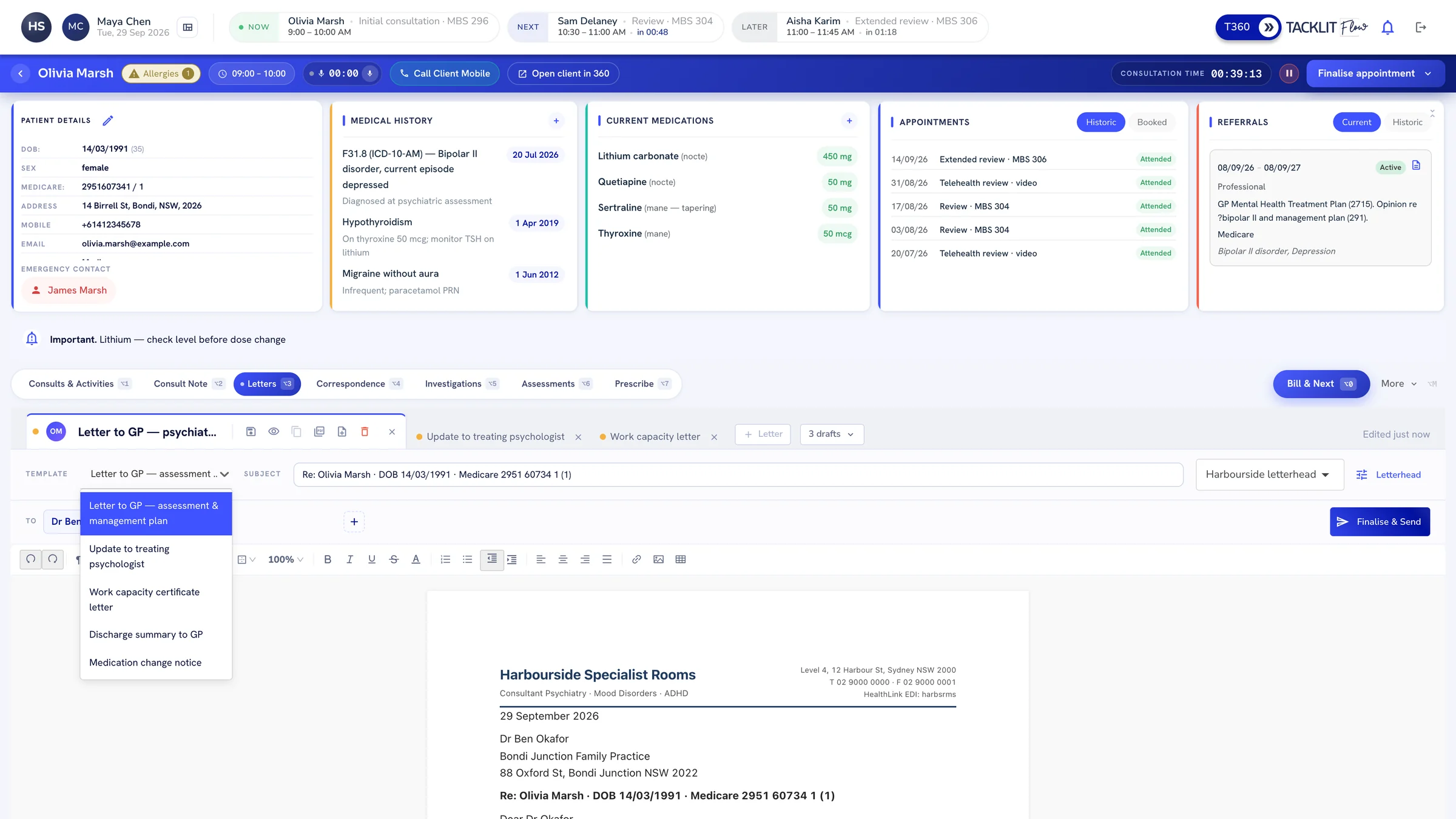 Flow Letters tab with the template picker open, listing letter templates such as Letter to GP, Update to treating psychologist and Work capacity certificate letter
