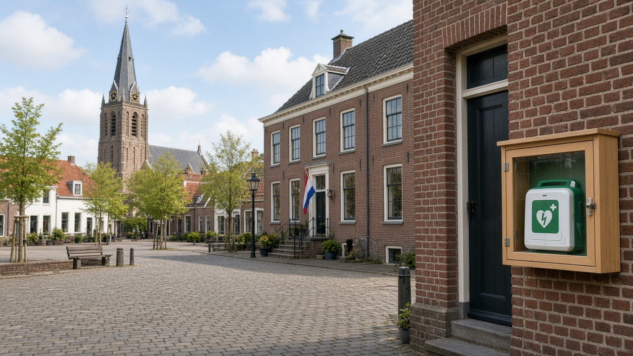 Een wit-groene AED in een kast aan het gemeentehuis op het dorpsplein