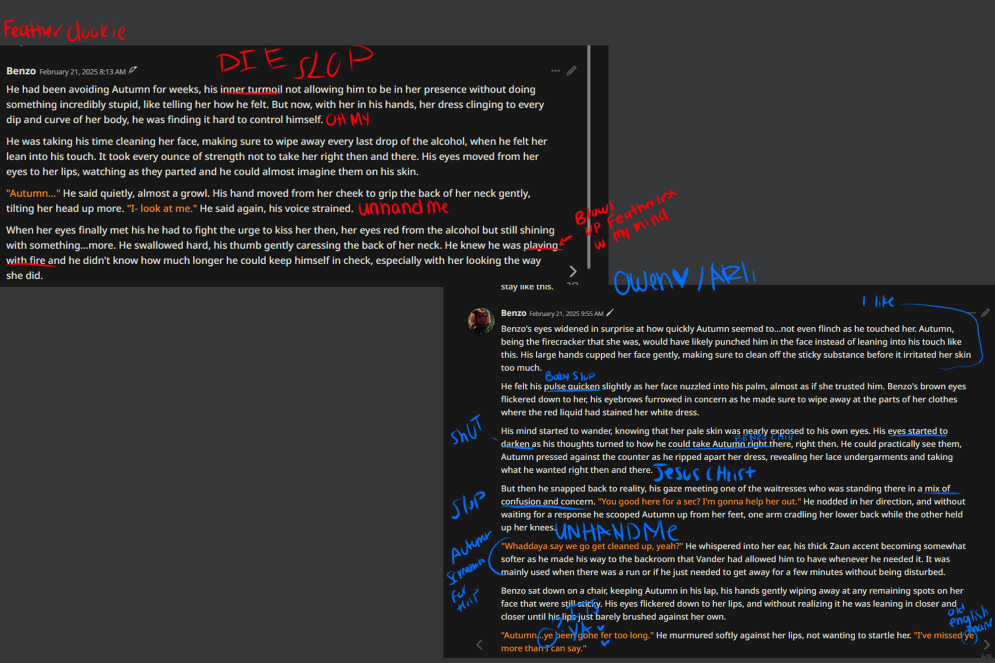 An image comparing the outputs of a model during roleplay between two providers - Featherless, an4d ArliAI