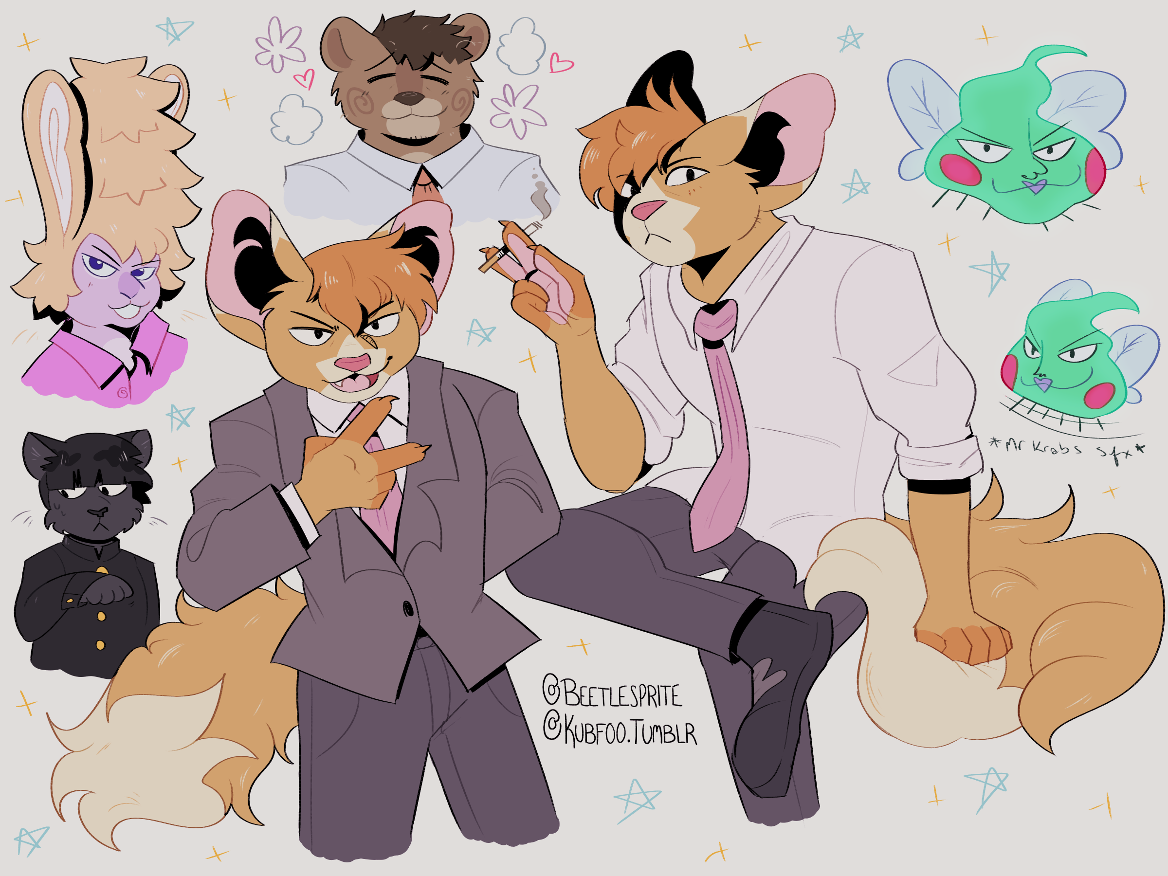 A cartoon drawing of several characters from Mob Psycho 100. There are two drawings of Reigen, who is drawn as a pale orange fennec fox furry with darker ginger hair and a very fluffy tail. <br />
<br />
In one drawing he is in a gray business suit and pink tie, with one hand doing a rock-paper-scissors "scissor" sign. The other hand is behind his back, and he's grinning open-mouthed. In the second drawing, he is sitting with one leg crossed and a cigarette in his other hand, without his blazer. <br />
<br />
To the right is two drawings of Dimple, a bright green blob with red cheeks and a poorly drawn face. He has crudely drawn fly wings and six, stubby stick-legs. “Mr Krabs sfx” is written under one of the drawings, where he is cartoonishly running. <br />
<br />
To the left is Mob, a black cat furry with a bowl cut, in a black school uniform. He has one paw raised as if going "Nya". <br />
<br />
Above him is a shoulders-up of Teru, who is a purple-pink bunny furry with a tall blonde wig with tall rabbit ears of the same height. He is wearing a pink button-up. <br />
<br />
Next to him is Serizawa, a bear furry, who is smiling shyly.<br />
<br />
There are light blue hand-drawn stars and yellow sparkles scattered around the picture.