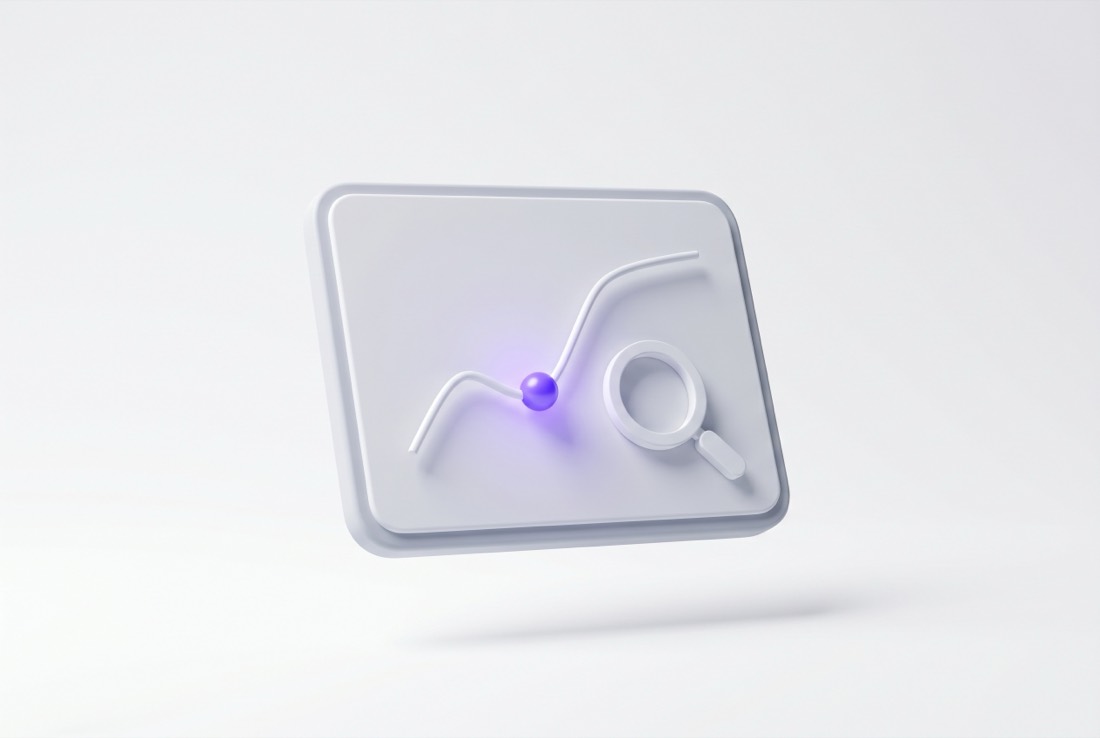 Abstract white render of a website analytics panel with a rising traffic line and a magnifier, one violet node. DigiVal website and traffic audit for Sydney SMEs.
