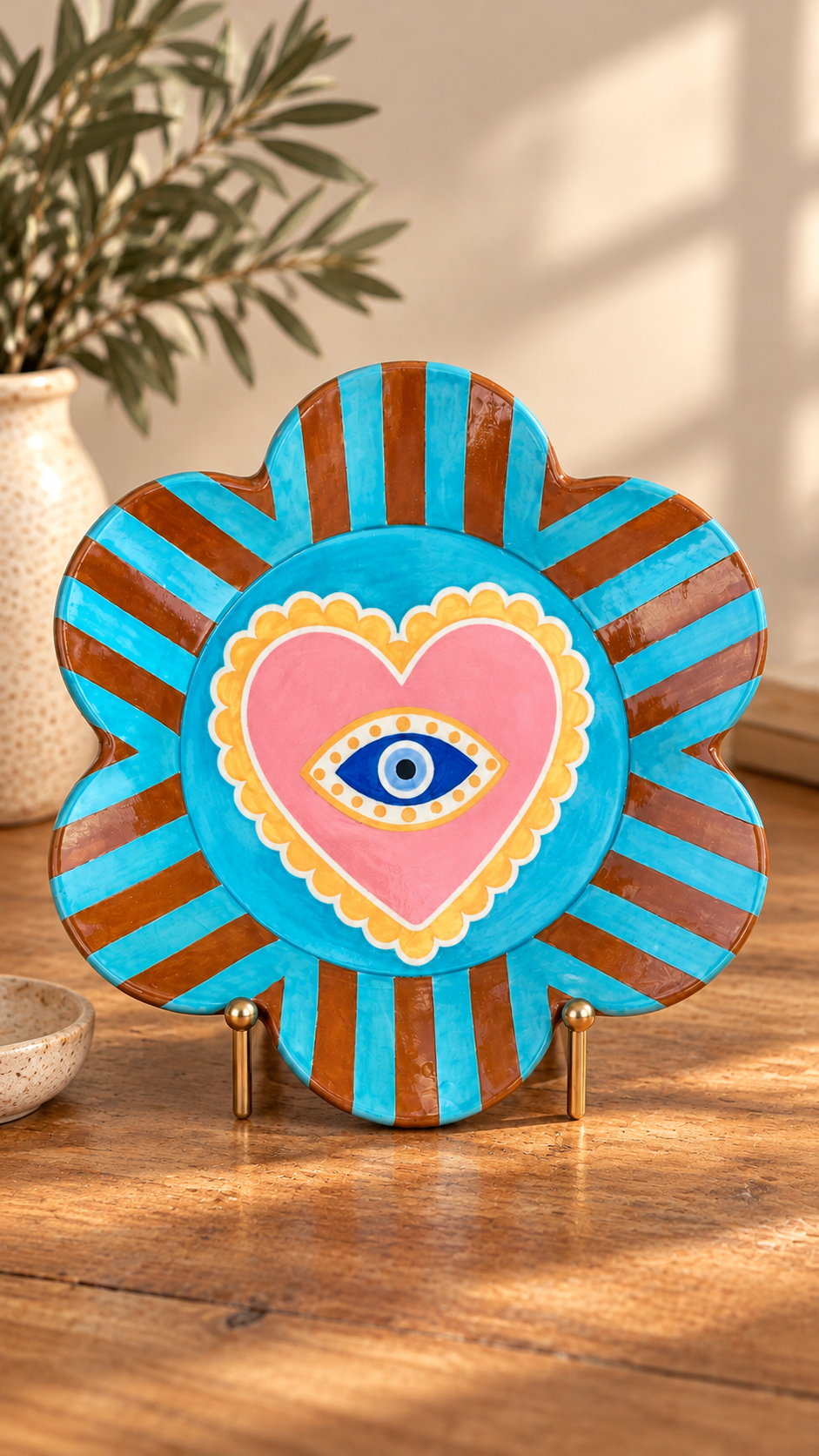 Hand-built heart-shaped tray with a hand-painted evil eye design.