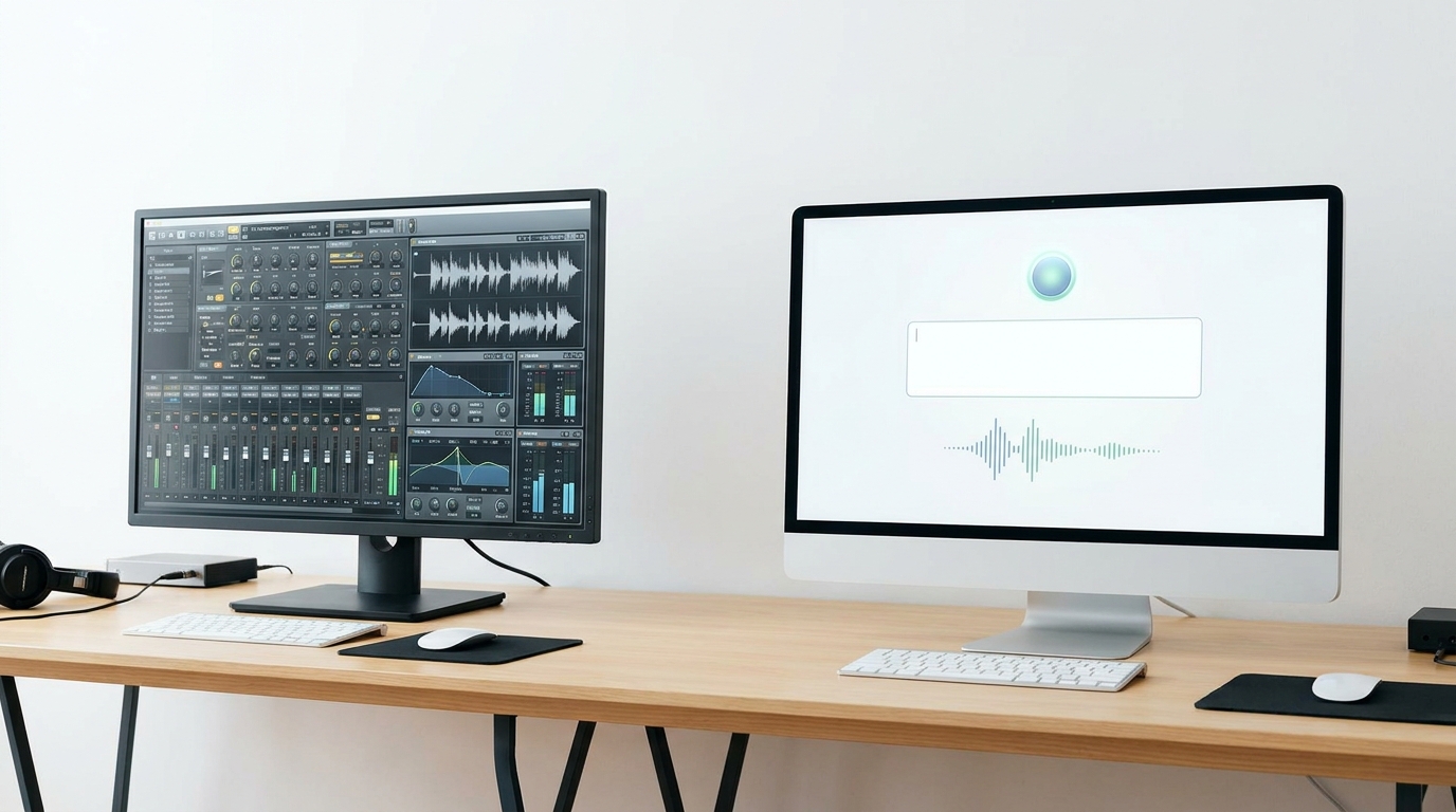 Comparison of traditional music production with modern AI music generators, highlighting ease of use.