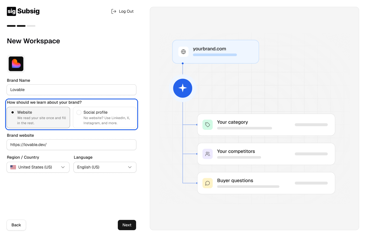 Choosing Website or Social profile in the New Workspace step
