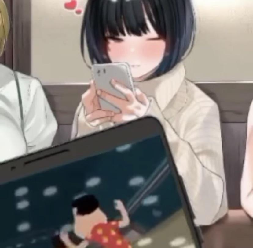 Color 1girl 2girls Black Hair Blonde Hair Blunt Bangs Blush Cellphone Picture Head Out Of