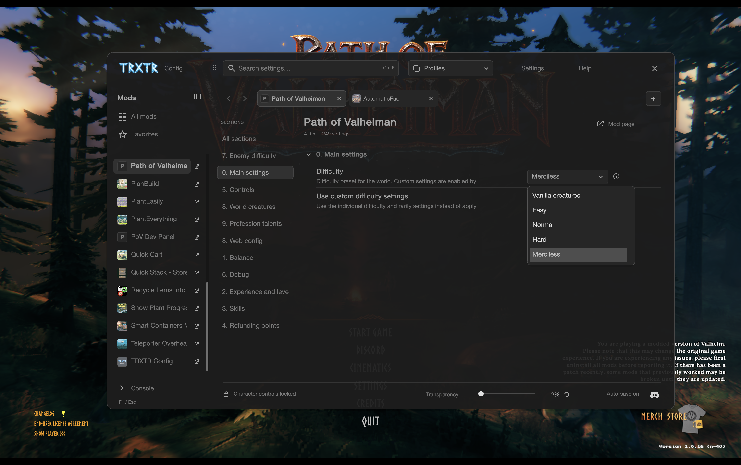 Hugin's Desk in Valheim: mod tabs, settings sections and a difficulty dropdown