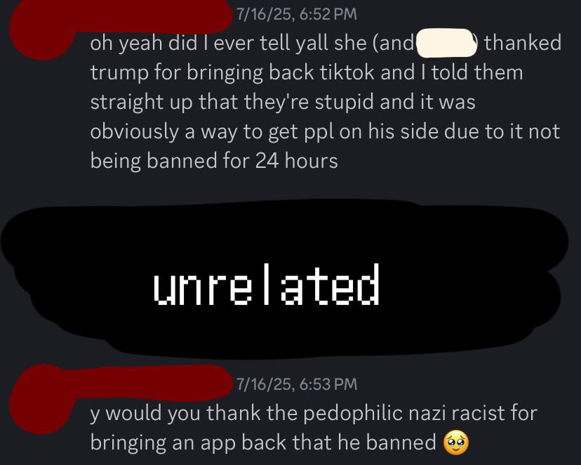 chem explaining a time when mel and a mutual ex friends of ours thanking and praising trump for bringing back tiktok despite the fact that he was doing it to gain love from america, considering in the past he was also trying to get tiktok banned.