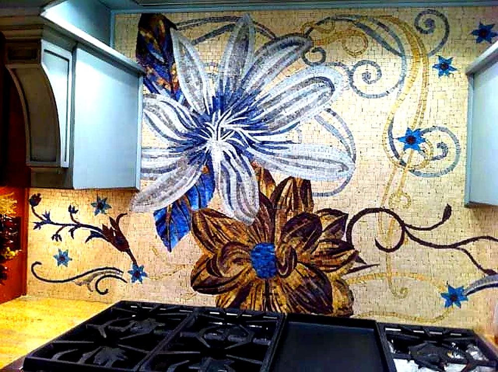 Contemporary kitchen featuring an elegant geometric mosaic backsplash in white and gray, enhancing the culinary space.