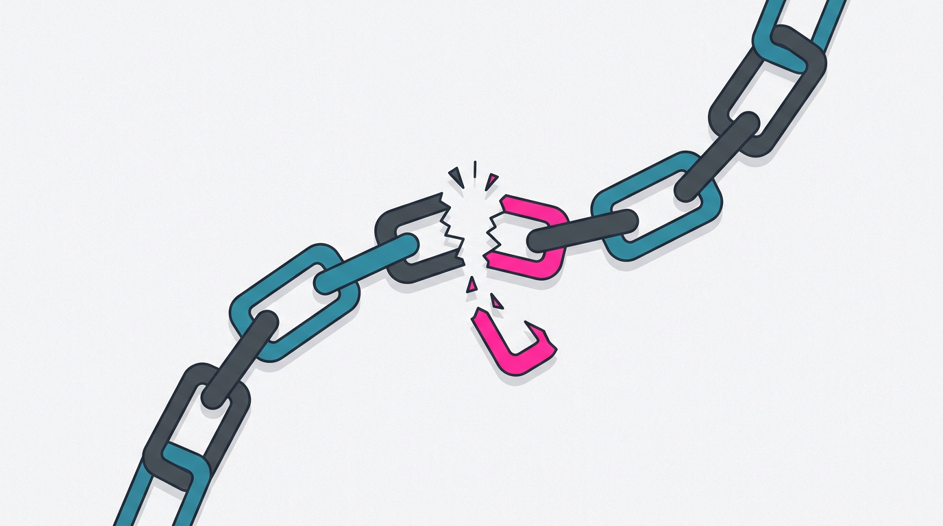 Illustration of a chain of linked nodes with one link snapped and falling away, the broken piece highlighted in pink