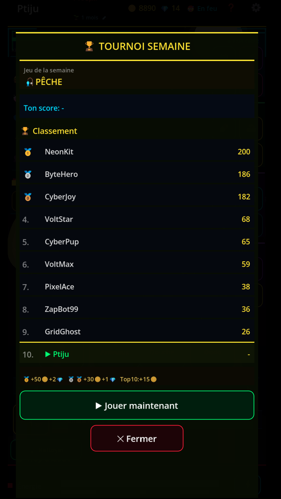 The weekly tournament and its leaderboard