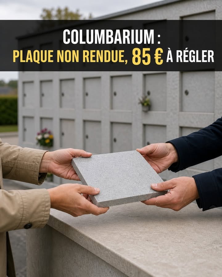 Deux personnes se transmettent une plaque de pierre grise devant un columbarium à cendres.