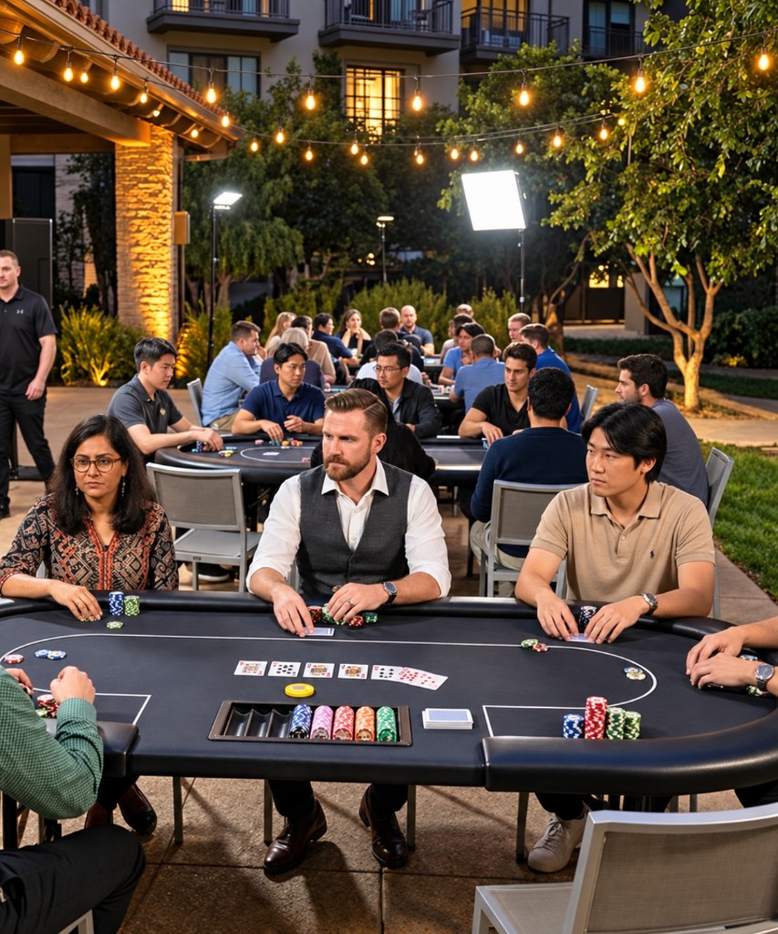 Private poker tournament with cards, chips, and seated players