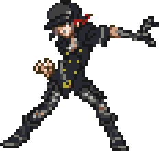 Minamimoto punching with his left arm at roughly chest-height, his palm open as if grasping something.