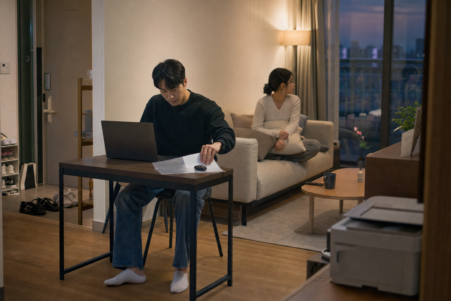 본인이 집에서 온라인 발급과 프린터 출력 환경을 준비하는 장면
