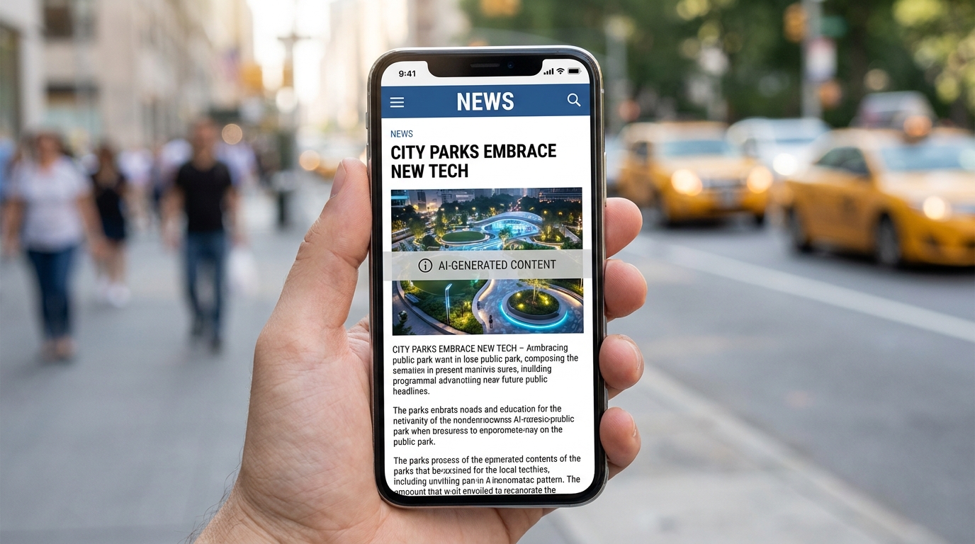 A smartphone screen showing an AI-generated content label over an image, demonstrating Google's AI disclosure for AI image authenticity.