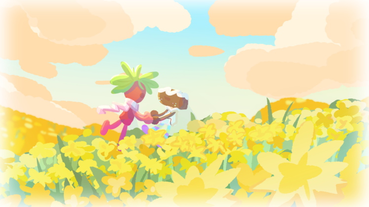 Fanartwork of Sprout and Cosmo dancing in a garden of dandelions | ac chocobje