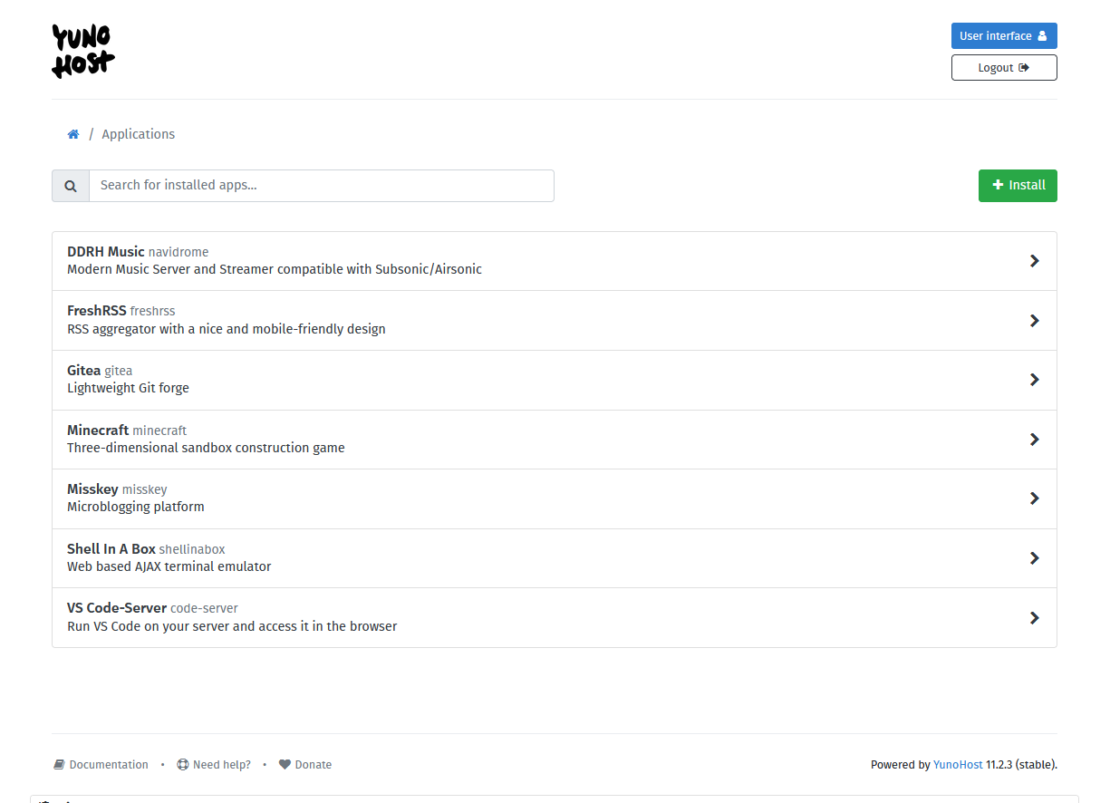 Yunohost apps screen