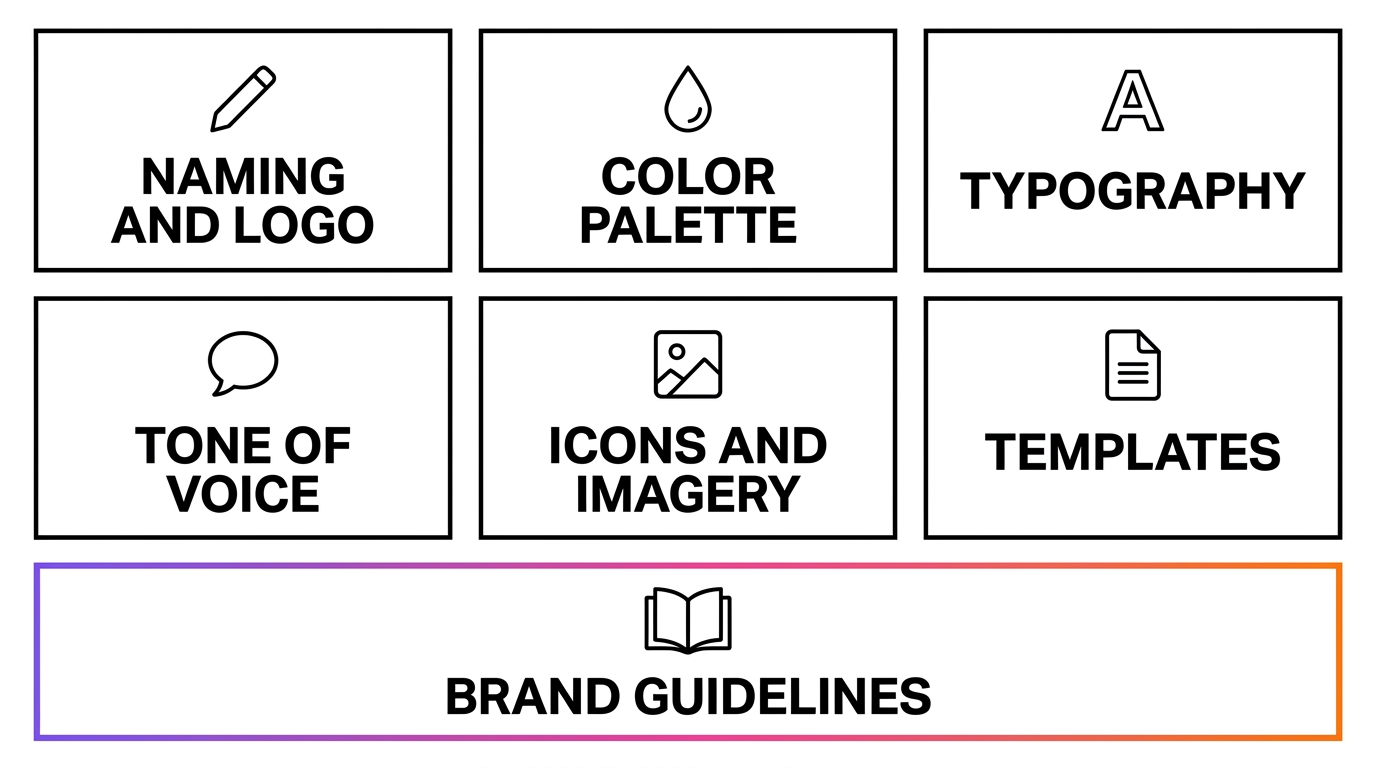 Diagram of the seven components of a brand identity system: naming and logo, color palette, typography, tone of voice, icons and imagery, templates and brand guidelines