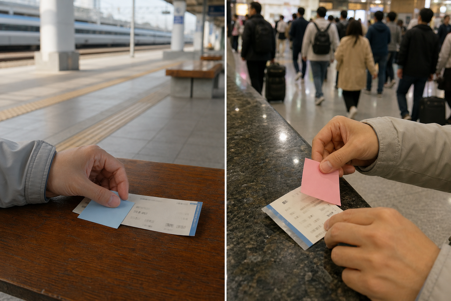 월요일부터 목요일과 금요일부터 일요일의 KTX 환불 조건을 비교하는 역 장면