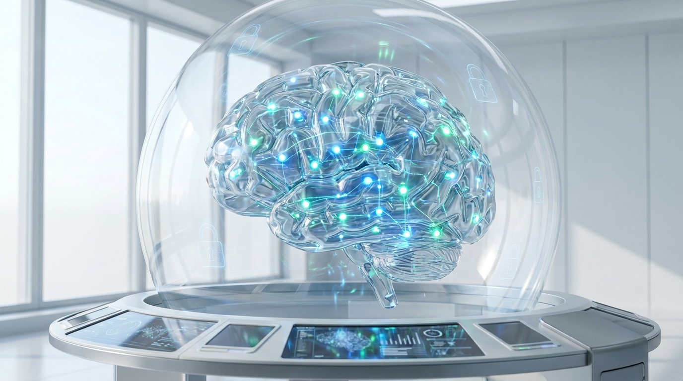 Advanced AI model protected by a transparent safety shield, symbolizing robust safety protocols and AI Safety Audits