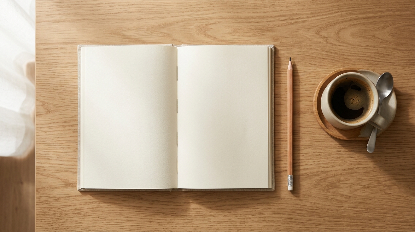 How to Regain Focus and Attention Minimalist desk flat lay with open notebook, pencil and coffee cup in soft morning window light