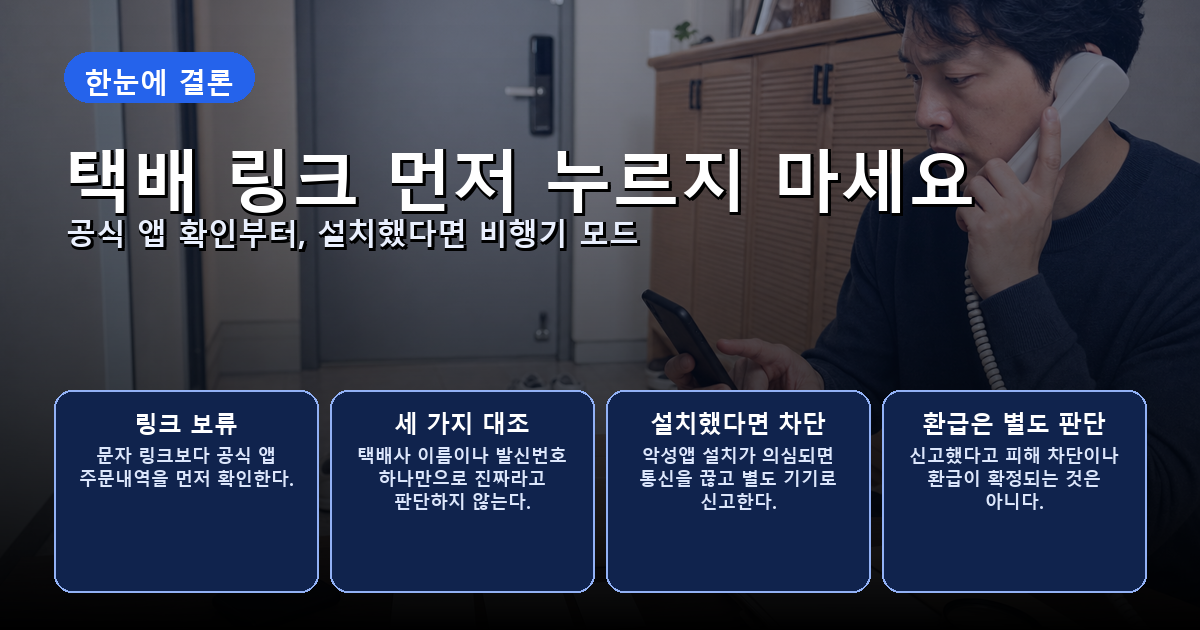 택배 주소 오류 문자의 링크를 멈추고 공식 앱 주문내역과 악성앱 설치 뒤 대응을 확인하는 장면