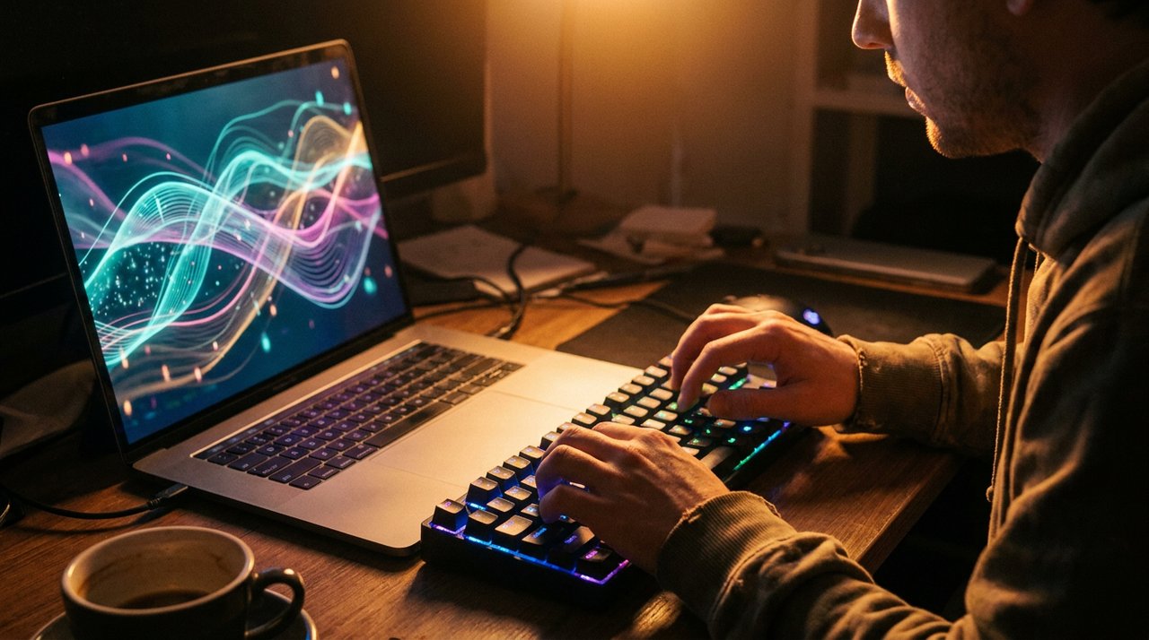 Developer laptop showing AI routing dashboard with cyan magenta amber flowing data streams