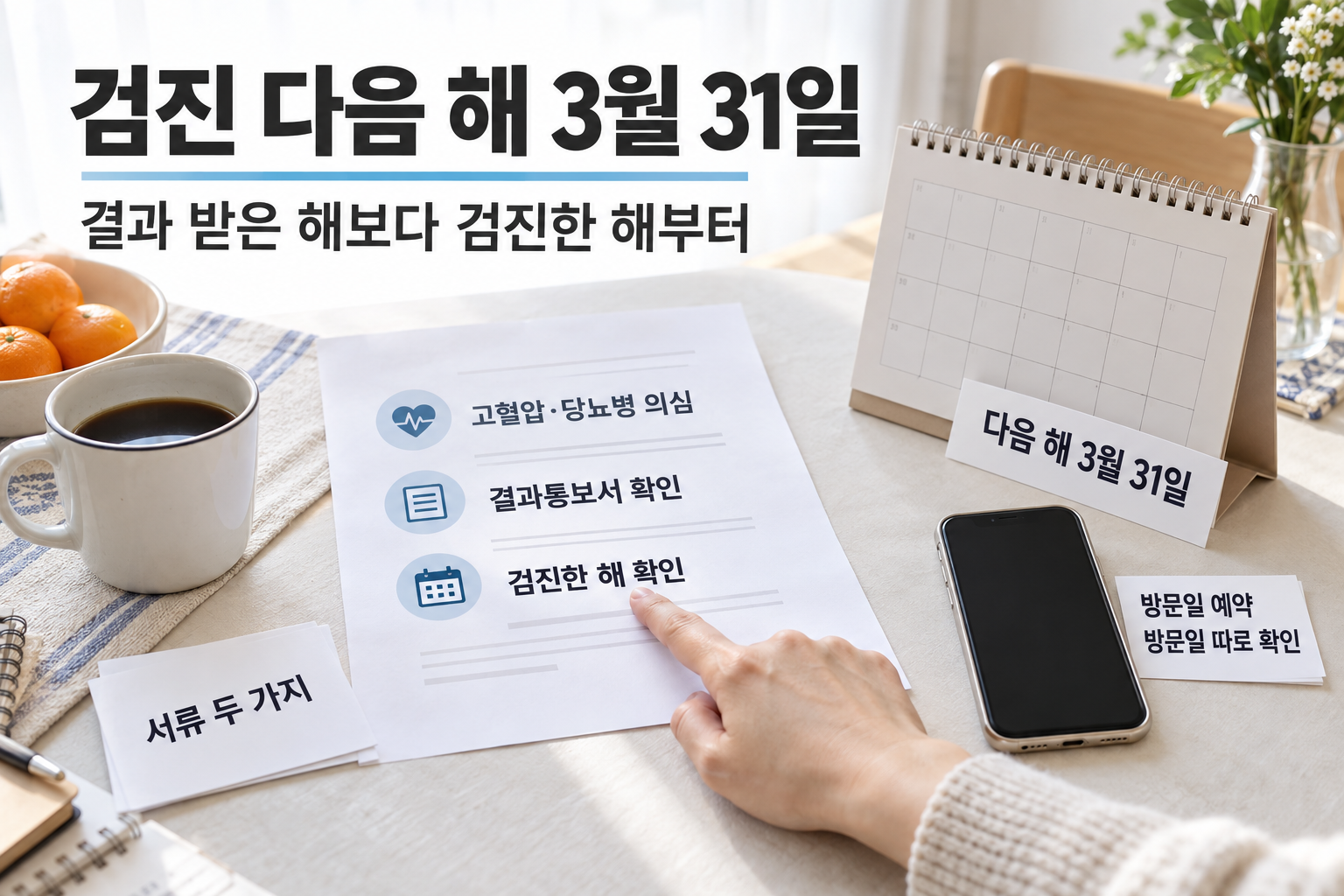 검진 실시연도를 확인해 다음연도 3월 31일 기한과 확진검사 예약 준비를 연결하는 설명 장면