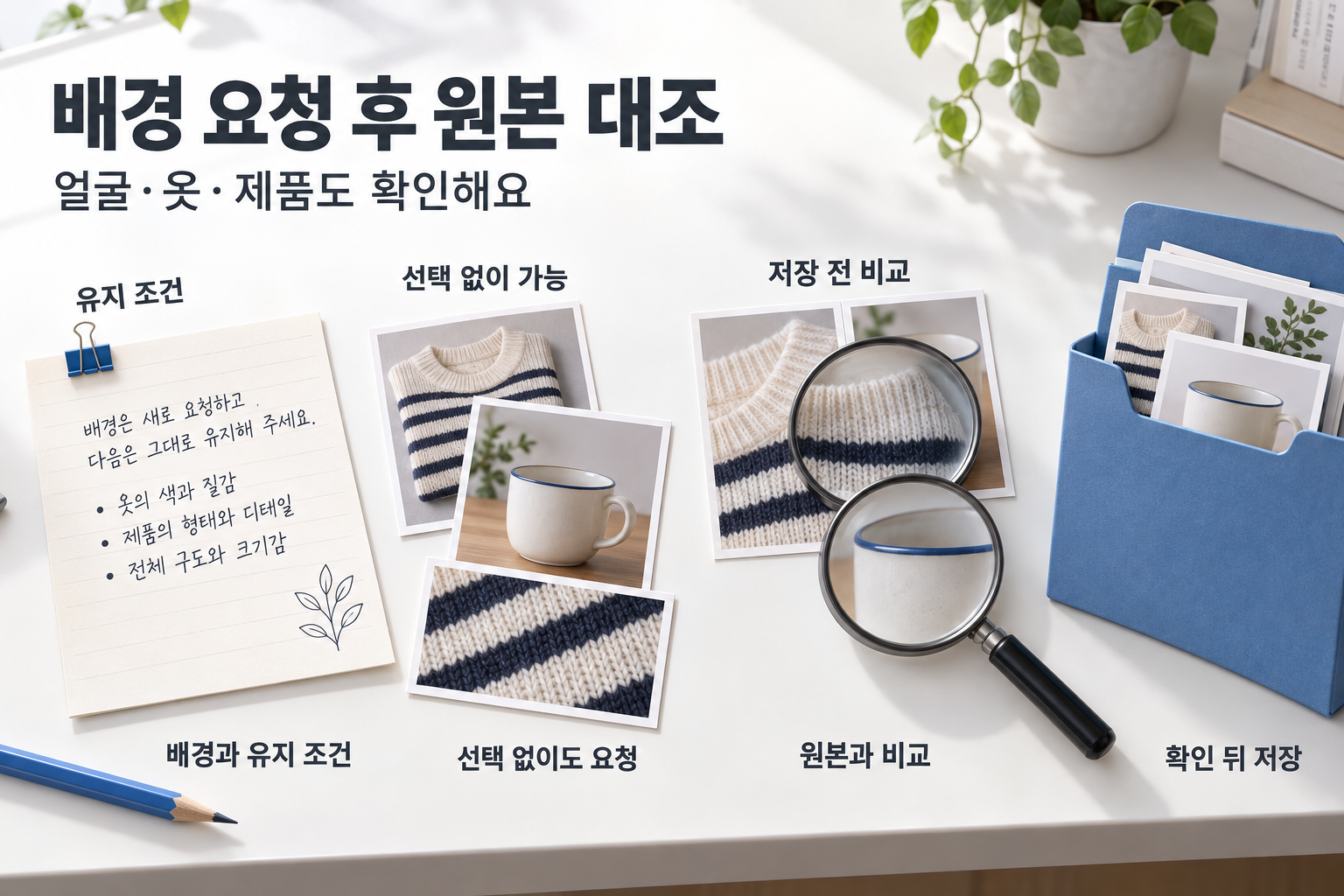 배경과 유지 조건 요청, 선택 없는 편집, 원본 대조와 별도 저장을 연결한 설명용 삽화
