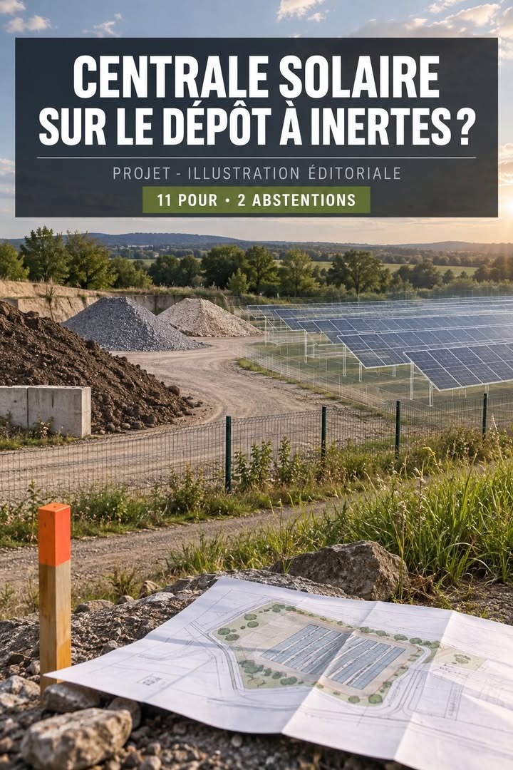 Un plan de projet de panneaux solaires est étalé sur des roches, devant un paysage de dépôts de gravier et de terres vides.