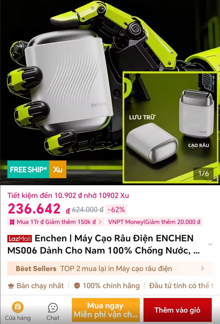 Enchen | Máy Cạo Râu Điện ENCHEN MS006 Dành Cho Nam 100% Chống Nước, Lưỡi Dao Nổi 3D, Đầu Từ Tính Có Thể Tháo Rời, Động Cơ 6800 Vòng/phút, Cạo Ướt/khô