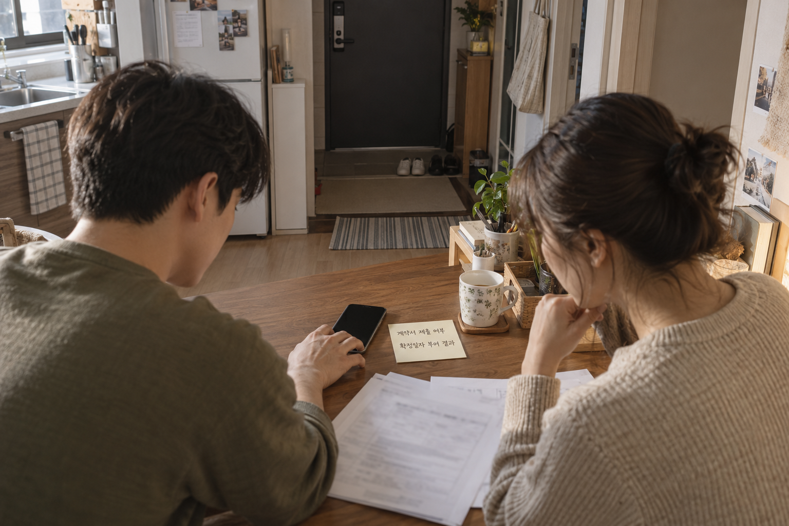 AI 설명용 장면: 신고 기록을 옆에 놓고 관할 기관에 계약서 제출 여부와 확정일자 부여 결과를 문의한다.