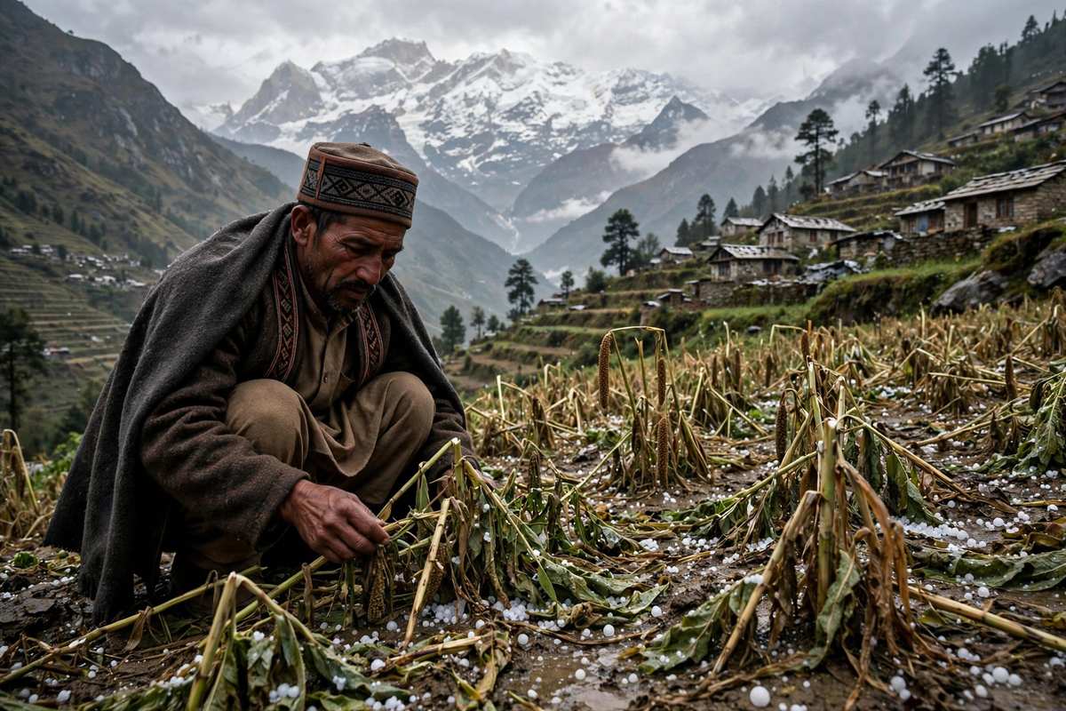 उत्तराखंड के पहाड़ी खेतों में ओलावृष्टि के बाद फसल का नुकसान देखता किसान