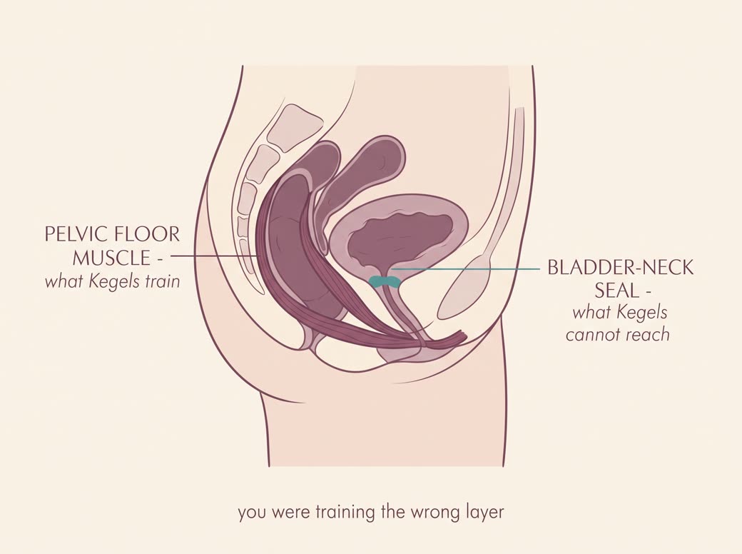 Pelvic floor muscle, what Kegels train, versus the bladder-neck seal, what Kegels can't reach
