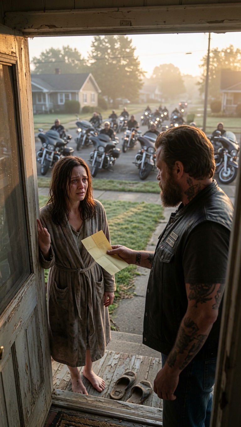 At 7:14 a.m., a Grieving Mother Opened the Door to a Biker Holding Her Son’s Letter — What Arrived Behind Him Changed the Whole Street