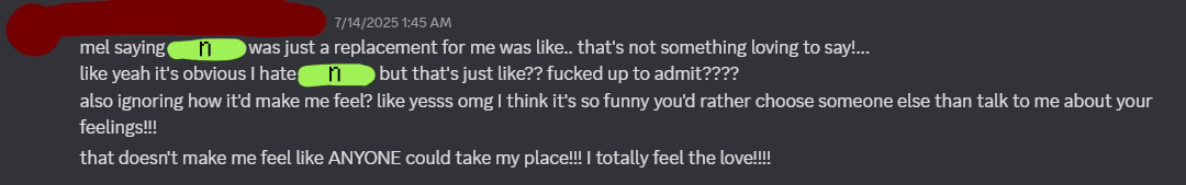 melody had shit talked on an ex partner, who granted is not a great person either, but melody called them a "replacement" for chem because she was too afraid of telling her feelings to him, which made him feel much worse