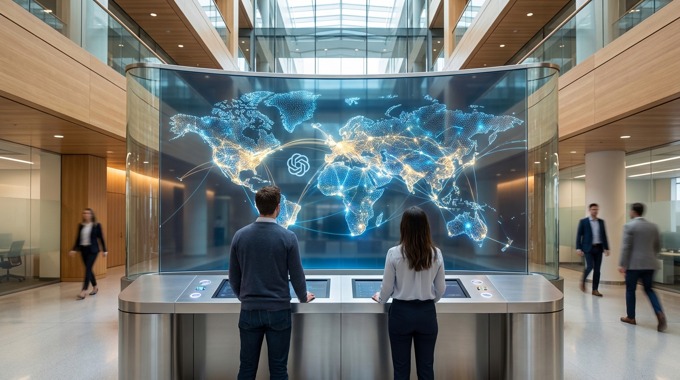 Conceptual image of OpenAI Presence AI agents forming a glowing network within a business, overseen by human operators.