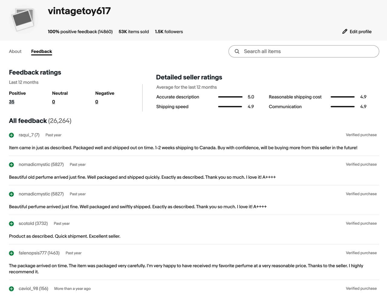 vintagetoy617 eBay feedback profile - 100% positive, 14,860 feedback, 53,000+ items sold, 1.5K followers
