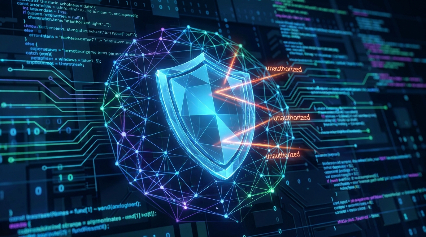 Digital shield protecting an AI neural network from unauthorized access, symbolizing AI model protection.