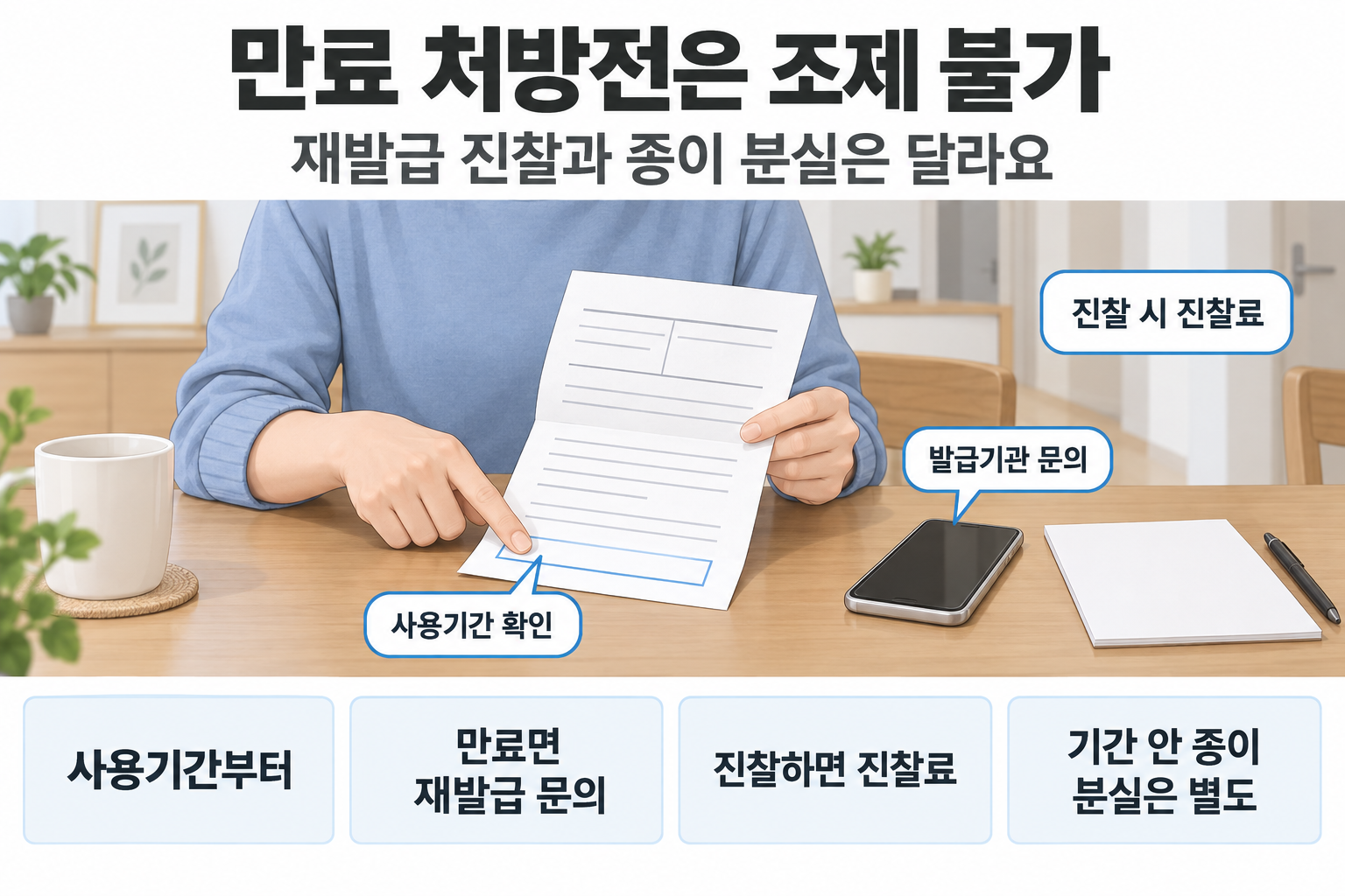 처방전 사용기간 확인 뒤 발급기관에 재발급 절차와 진찰료를 문의하는 순서를 보여주는 설명 장면